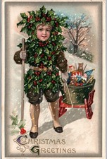 RARE~Winsch Christmas Boy in Holly Suit ~Sled~Toys~Antique Fantasy Postcard~m611 picture