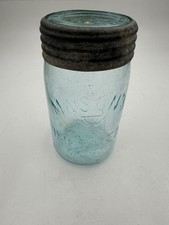 Antique Mason's Improved Cross Jar w/ Matching Glass Lid Ground Lip Pint RARE picture