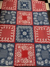 46”x 66” Handmade Vintage Cotton Bandana Tablecloth In Red And Blue picture