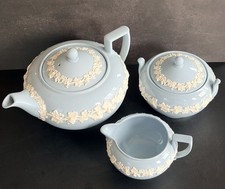 Wedgwood Of Etruria & Barlaston Embossed Queens Ware Tea Pot, creamer and sugar  picture