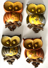 VINTAGE OWLS Set 4 Cast Metal ORANGE GREEN Wall Art MCM 1970 SEXTON USA 9