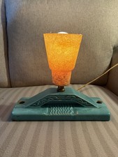 Vintage 1950s Blue Metal Accent Table Lamp w/ Orange Shade, Rotary Knob picture