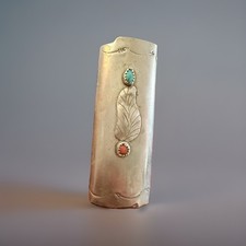 Native American Turquoise Coral Sterling Silver BIC Lighter Case Cover Vintage picture