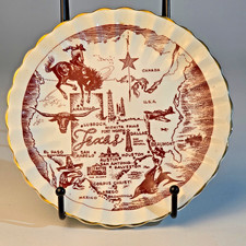 Vintage Texas Map Plate Cowboy Longhorn Oil Derricks Alamo Western 7.5