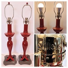 STIFFEL Pair (2) Table Lamps Gloss Rust Orange/Red & Satin Nickel *Imperfections picture