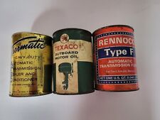 3 VINTAGE UNOPENED CANS. 1 TEXACO OUTBOARD MOTOR OIL, 1 RENNOCO TYPE F TRANS... picture