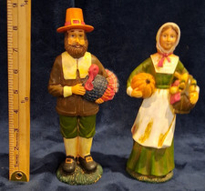 READ DESC Vtg Thanksgiving Pilgrim Man and Woman Figurines Pair Harvest Turkey picture
