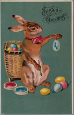 Upright Bunny Rabbit  Paints Colored Eggs~Antique ~Easter Fantasy  Postcard~s988 picture