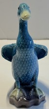 Vintage Porcelain Duck Figurine Blue Glaze Chinese Mark Hand Painted 6” picture