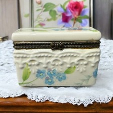 Vintage Rite of Spring Porcelain Floral Trinket Box Brass Trim Bow picture