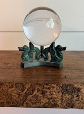Vintage Crystal Ball or Paperweight-Brass Stand with Dragons or Sphynx C. 1968 picture