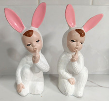 2 Vtg MCM Holland Mold Ceramic Figurine Babies w/ White Bunny Rabbit Suit - Shh picture