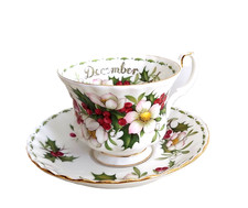 Vtg ROYAL ALBERT DECEMBER Teacup Saucer Christmas Rose Flower Of The Month EUC picture
