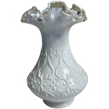 Vntg Fenton Art Milk Glass Spanish Lace Clear Crest Ruffled Rim Vase 7.5