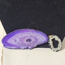 Natural Agate Geode Slice Pair Purple Dyed and Black White Oco Crystal Specimens picture