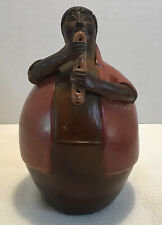 Peru Folk Art Wood, Hand Carved Man Playing Flute Signed Angelica Silva 6” Tall picture