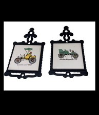 2 Vintage Taiwan Cast-Iron And Tile Trivet Trivets Antique Cars #2 picture