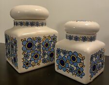 2 Vintage Taunton Vale Pottery Canisters Blue & Yellow Floral Retro 60s Sm & Lg picture