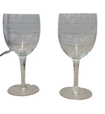 Pair of Crystal Wine Glasses Etched Lines Stemware picture