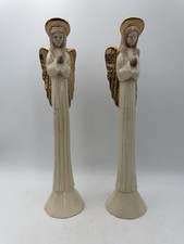 Vintage Pair Ceramic Praying Angel Pencil Candleholders Gold Wings 8.5” picture