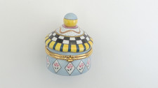 Vintage Porcelain Hinged Trinket Box Yellow Blue Black Finial Top Gold Tone TB2 picture
