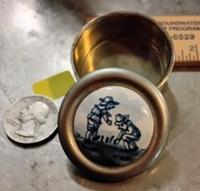 Vintage Gelria Royal Dutch Pewter Pill Box Delft Blue Porcelain Top Children... picture