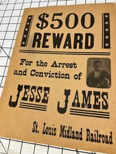 JESSE JAMES Antique WANTED POSTER $500 REWARD ST LOUIS RAILROAD Western Outlaw picture