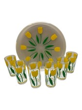 Vintage HJ Stotter Yellow Tulip Set Of 6 Acrylic Glasses With Serving Tray MCM picture