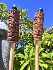 Set Of 2 Tiki Tiki Torches Flame Head  Hang Loose Smokin' Tikis Hawaii Oceanic picture