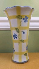 Andrea by Sadek Ceramic Vase – Yellow Check Blue Floral Scalloped Rim picture