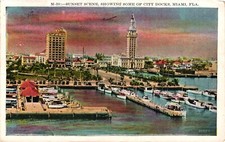 1931 Sunset Scene Showing Some Of City Docks Miami Florida FL Vintage Postcard picture