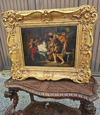 Antique Oil panel painting The Adoration of the Shepherds religious 19thc picture