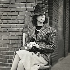 Vintage Snapshot Photograph Beautiful Fashionable Woman Hat Sitting Outside picture