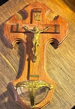 VTG French Canadian Carved Crucifix w Glass Holy Water Font 8x5” 1950s picture