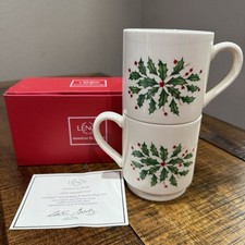 Lenox Holiday Coffee Mug Cup Set of 2 Christmas Holly Brand Stackable picture