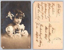 RPPC Little Girl with Roses & Bow Postcard c1910s Mainz Germany Posted picture