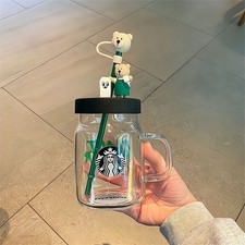 Starbucks Cute Classic Green Apron Bear Glass 473ml/16oz - Straw & Lid picture