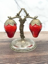 Vintage Red Glass Hanging Strawberry Salt And Pepper Set Metal Stand Japan picture