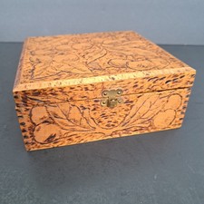 Antique Flemish Art Pyrography Burned Wood Trinket Box Cherry Motif 1900s picture