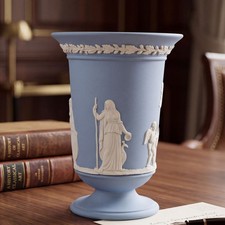 Vtg. Wedgwood Blue Jasperware Classical Relief Pedestal Vase Made in England 5.5 picture