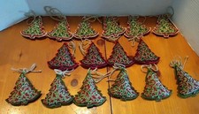 Fabric Beaded Christmas Tree Design Ornaments Set of 16 Vintage picture