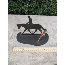 Vtg Metal Equestrian Pen Holder Swivel Base Horse Rider Silhouette Black Gold picture