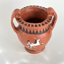 Terra Cotta Greek Pottery Vase With Handles Greek Warrior Horse Signed Zoya 7” picture