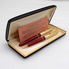 MINT NOS 60s Conway Stewart 107 F Pen/Pencil Set Burgundy Gold 14K 3L Nib in Box picture