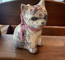 Vintage Paisley Cat Figurine Pink Big Eyed Figure with a Ribbon Floral Pattern picture