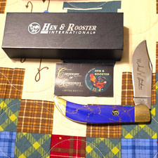 Hen & Rooster HR1341FRM Blue/Gold Brass Handle SS Plain Clip Slipjoint picture