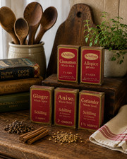 Vintage Schilling Spice Boxes Lot of 5 Original Contents Primitive Kitchen Displ picture