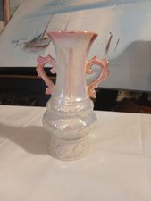 VTG Lusterware vase Red/pink Handles w/ White Embossed Flowers 7” picture
