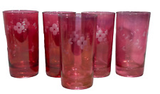 5 Ruby Red Cranberry Flashed Etched Floral Glass Tumblers Glasses Federal picture