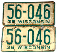 Vintage Wisconsin 1936 Auto License Plate Set Pair 56-046 Garage Man Cave Decor picture